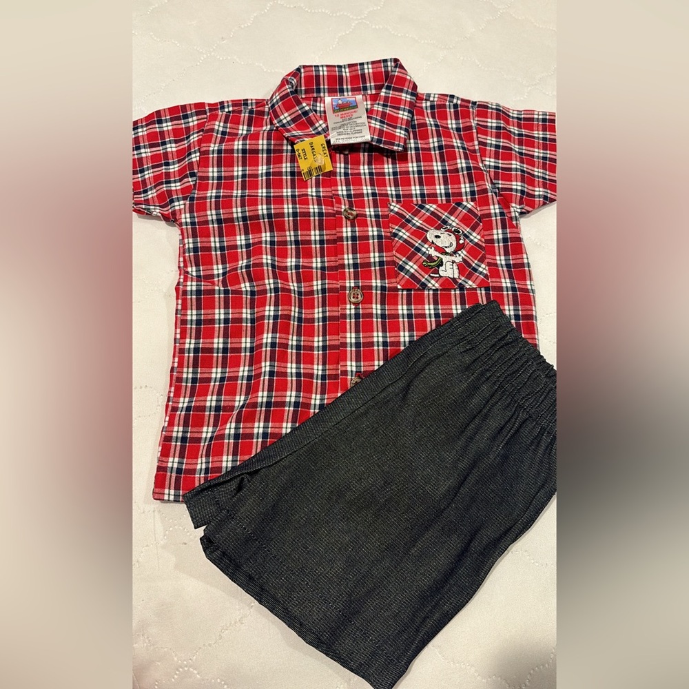 Vintage Snoopy peanuts Kids Red Plaid Short Sleeve Shirt and Shorts Set